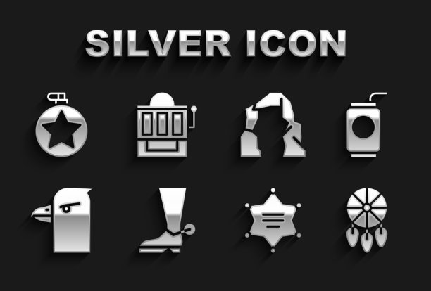 集牛仔靴，汽水罐与稻草，捕梦网羽毛，治安官，鹰头，大峡谷，水壶水瓶和老虎机图标。向量图片下载