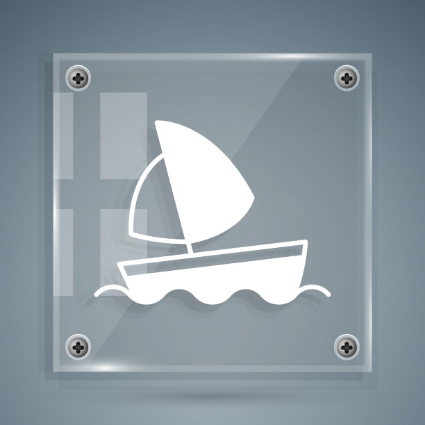白色游艇、帆船或帆船图标孤立在灰色背景上。帆船海上巡航旅行。方形玻璃面板。向量图片下载