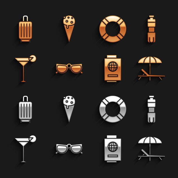 套装眼镜，瓶装水，太阳浴床和伞，护照和机票，马提尼杯，救生圈，手提箱和冰淇淋华夫筒图标。向量图片下载