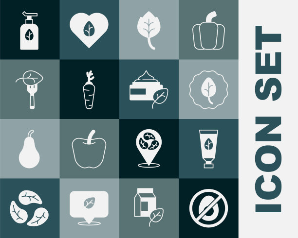 不吃肉，有机化妆品，叶子或叶子，胡萝卜，素食饮食，和图标。向量图片下载