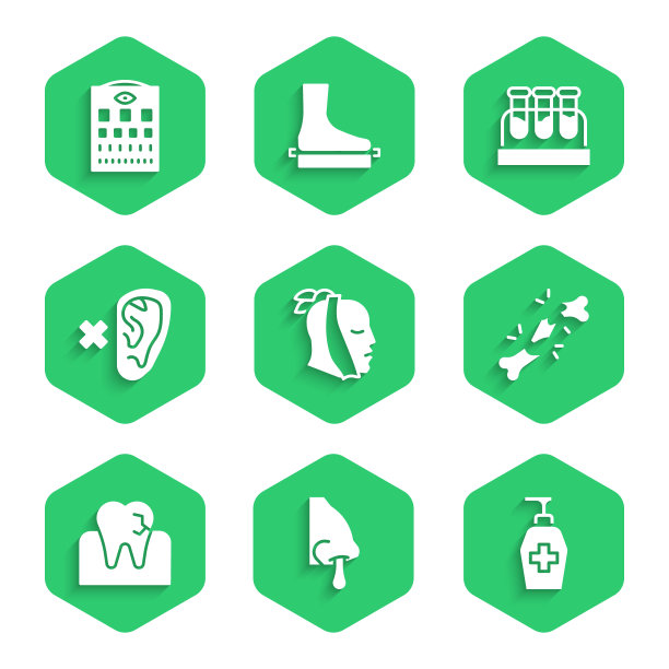 设置牙痛、流鼻涕、抗菌皂液、骨折、龋齿、耳聋、试管血液和眼睛测试图表图标。向量图片下载