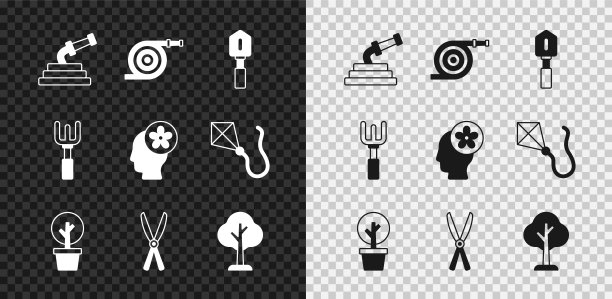 设置花园软管，铲子，森林，园艺手工剪刀，耙子和鲜花里面的人头图标。向量图片下载