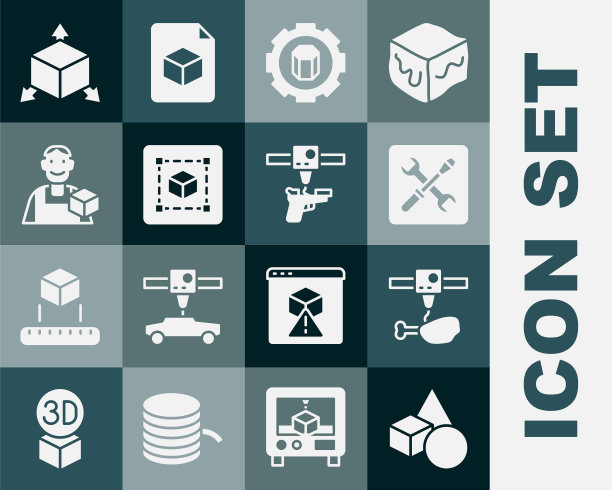设置基本几何形状，3D打印机鸡腿，设置，几何图形立方体，平面设计师，等距立方体和枪图标。向量图片下载
