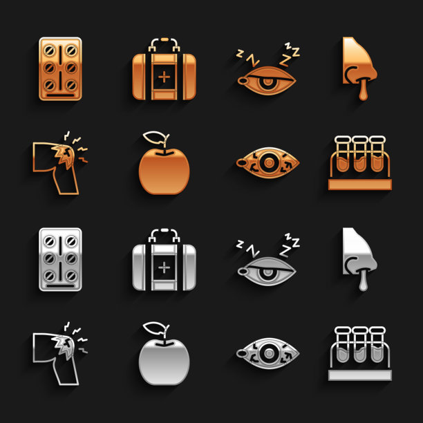 设置苹果，流鼻涕，试管血液，红色的眼睛，关节疼痛，膝盖疼痛，失眠，药片水泡包和急救箱图标。向量图片下载