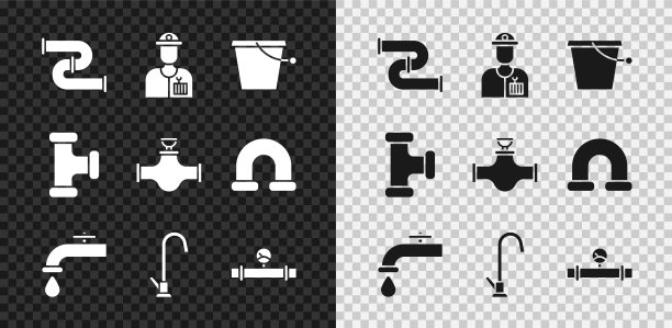 设置工业金属管道，水管工，水桶，水龙头，压力表和阀门图标。向量图片下载