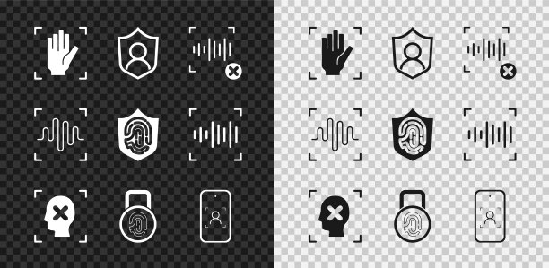 设置掌纹识别，用户保护，拒绝声音，面部，指纹与锁，移动和，声音和盾牌图标。向量图片下载