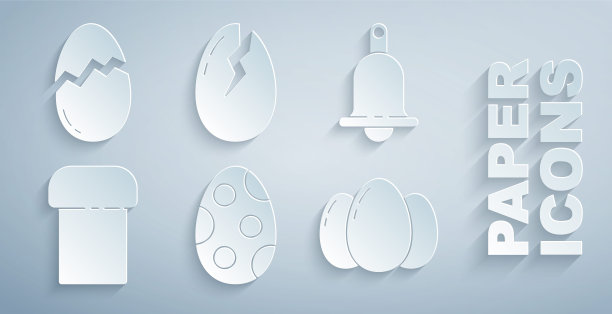 设置复活节彩蛋，铃声，蛋糕，蛋，破碎和图标。向量图片下载