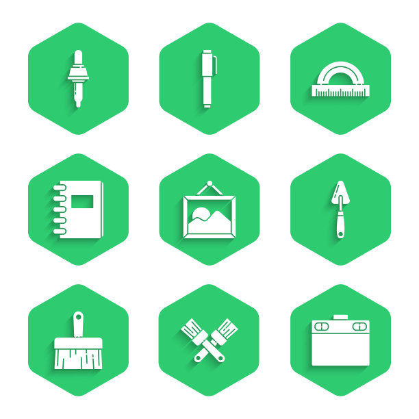 设置图片景观，交叉油漆刷，图形平板，调色板刀，油漆，螺旋笔记本，量角器和吸管图标。向量图片下载