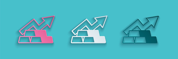 剪纸金融增长图表箭头与金条图标孤立在蓝色背景。财务成功的概念。黄金投资的概念。纸艺术风格。向量图片下载