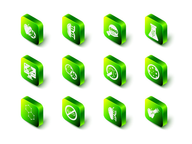 集合转基因肉类，转基因生物，试管和烧瓶，细菌培养皿，苹果，无图标。向量图片下载