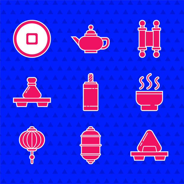 集烟火、中国纸灯笼、寿司切板、茶道、饺子、政令、纸、羊皮纸、卷轴和元货币图标。向量图片下载