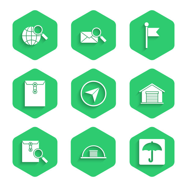 设置城市地图导航，机库，雨伞，仓库，信封，放大镜，位置标记和放大镜图标的信息图。向量图片下载