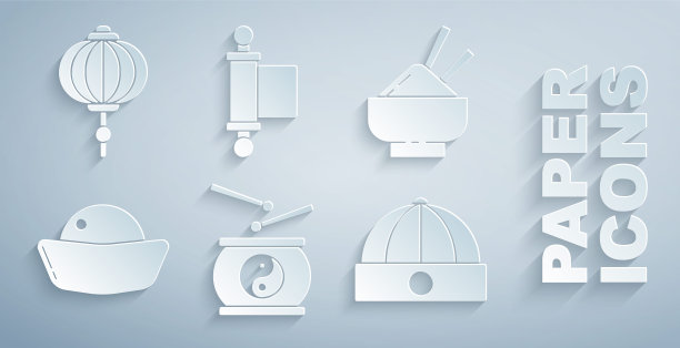 套中国鼓，米饭碗与筷子，寿司，帽子，法令，纸，羊皮纸，卷轴和灯笼图标。向量图片下载