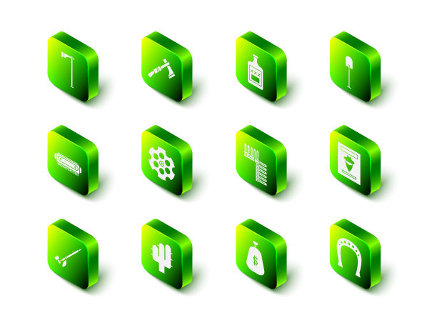 设置战斧，威士忌瓶，铲子，通缉西部海报，马蹄铁，印第安头饰与羽毛，钱袋和仙人掌图标。向量图片下载