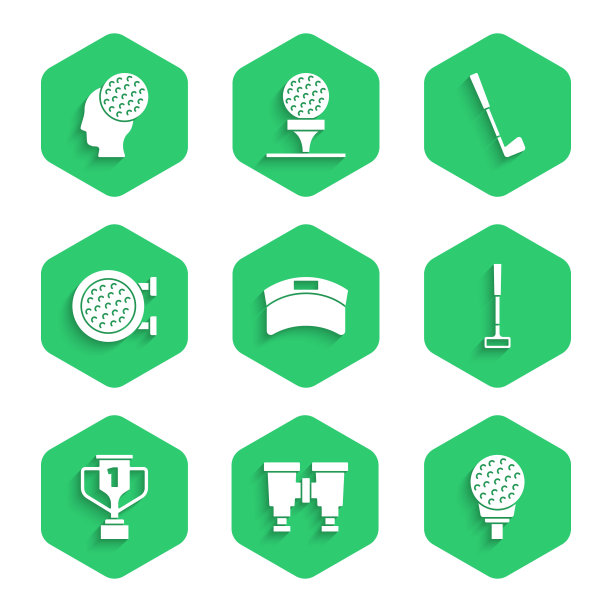 设置太阳遮阳帽，望远镜，高尔夫球在tee，俱乐部，与高尔夫，运动，和图标奖杯。向量图片下载