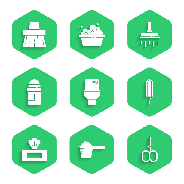 集马桶，洗衣粉，指甲剪刀，卫生棉条，湿纸巾包，止汗除臭剂卷，淋浴头和扫帚柄图标。向量图片下载