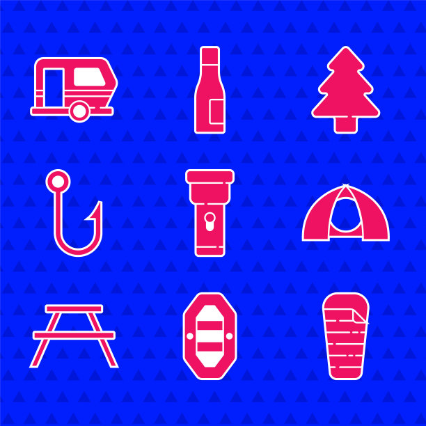 设置手电筒，漂流船，睡袋，旅游帐篷，带长凳的野餐桌，鱼钩，森林和房车露营拖车图标。向量图片下载