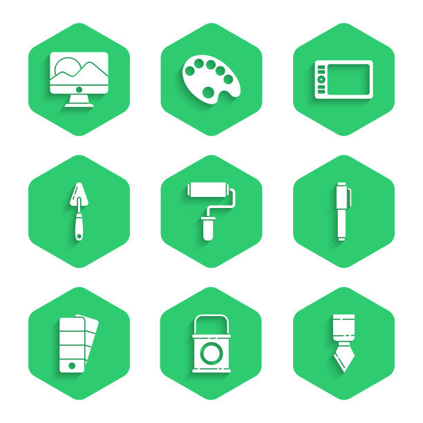 设置油漆辊刷，桶，调色板刀，笔，图形平板和电脑显示器屏幕图标。向量图片下载