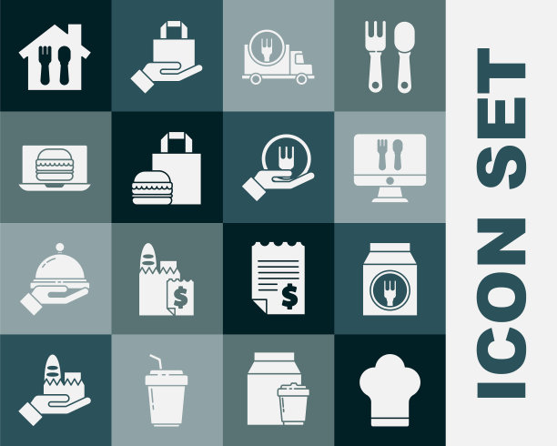 集厨师帽，在线订购和送货，快速汽车，汉堡，图标。向量图片下载