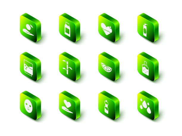 设置瓶子与牛奶，心脏治疗，喷雾罐发胶，水疗盐，水滴，柑橘，水和手上的图标。向量图片下载