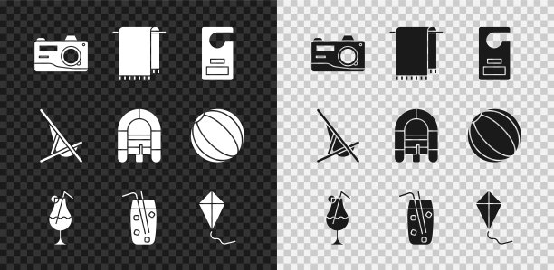 设置相机，毛巾衣架，请勿打扰，鸡尾酒和酒精饮料，风筝，太阳床和漂流船图标。向量图片下载