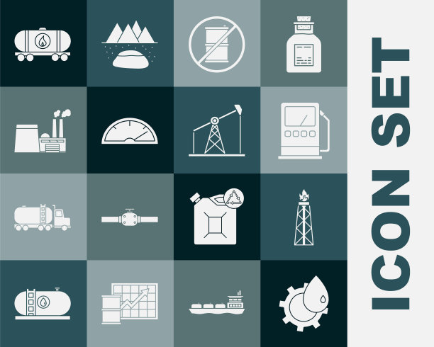 集石油工业厂房，钻机与消防，汽油加油站，无桶汽油，速度计，铁路水泵水箱和泵千斤顶图标。向量图片下载