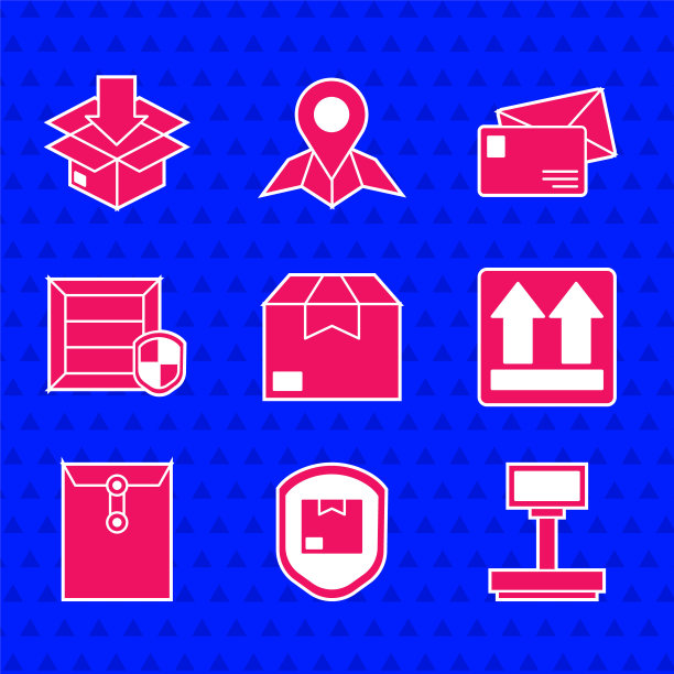 集纸箱纸箱，运输包装安全与盾牌，规模，这一面向上，信封，纸板交通符号图标。向量图片下载