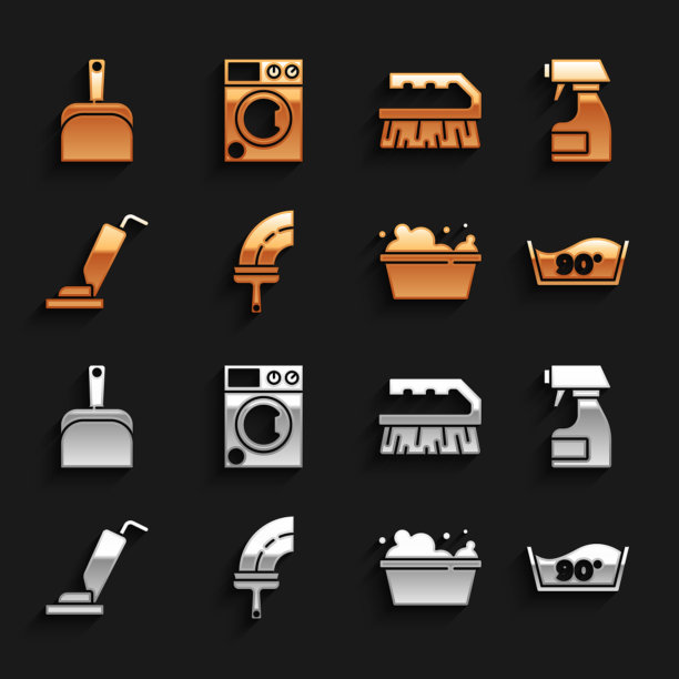 设置窗户橡胶清洗机，清洁喷雾瓶，温度清洗，肥皂泡沫盆，真空，刷清洁，簸箕和洗衣机图标。向量图片下载