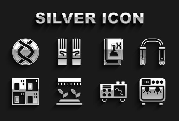 设置自动灌溉喷头，试管和烧瓶，生物安全箱，光谱仪，周期表，基因工程书，DNA符号和医用橡胶手套图标。向量图片下载