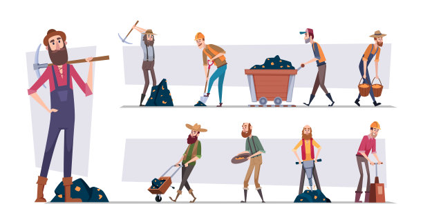 黄金矿工。挖掘者角色在隧道中寻找矿物和黄金，以卡通风格挖掘精确的矢量插图图片下载