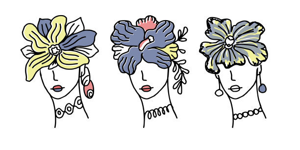 线性向量。女人的脸上戴着不同的饰物。首饰上的女孩。充满异域风情的花朵。女性。适合作海报或明信片。图片下载