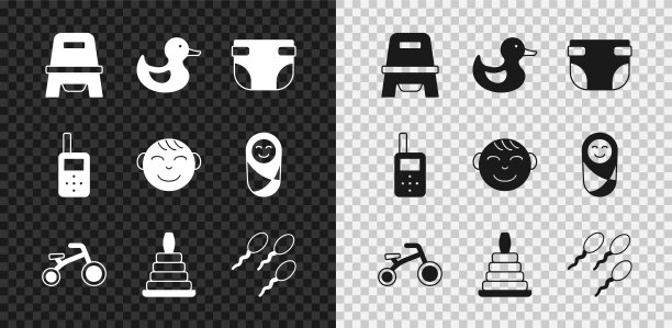 设置婴儿便盆，橡皮鸭，尿布，儿童自行车，金字塔玩具，精子，监视器对讲机和小男孩的头部图标。向量图片下载