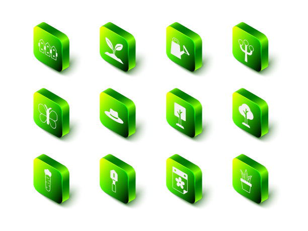 设置发芽，浇水罐，开花树枝，森林，植物花盆，日历与花和铲子图标。向量图片下载