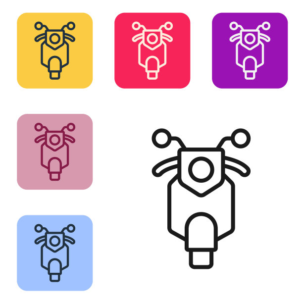 黑色线滑板车图标孤立在白色背景。在彩色方形按钮中设置图标。向量图片下载