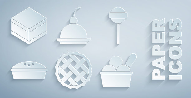 设置自制派，棒棒糖，冰淇淋在碗，樱桃芝士蛋糕和布朗尼巧克力图标。向量图片下载