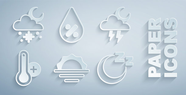 集日出，风暴，气象温度计，时间睡眠，水滴百分比和云与雪和太阳的图标。向量图片下载