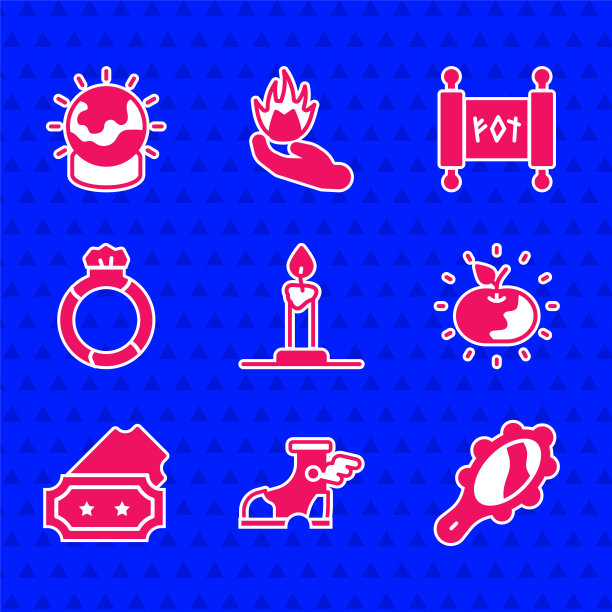 烛台中燃烧的蜡烛，爱马仕凉鞋，魔手镜，毒苹果，票，宝石戒指，卷轴和球图标。向量图片下载