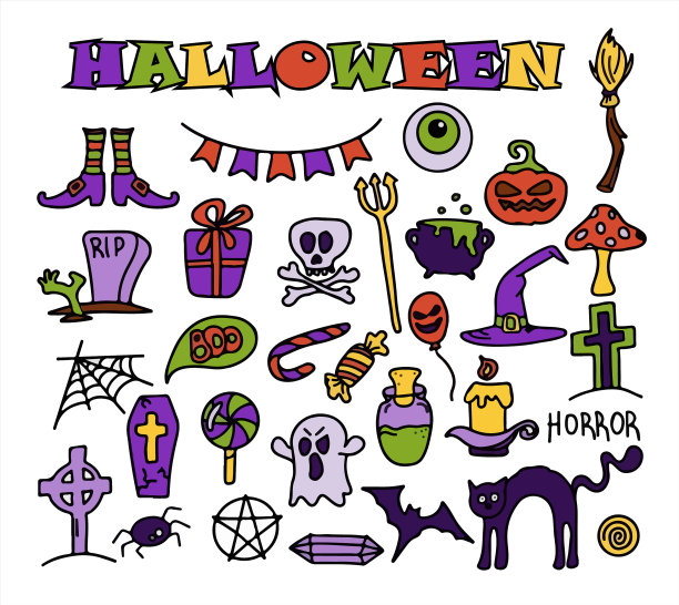 手绘涂鸦万圣节设置丰富多彩图片下载