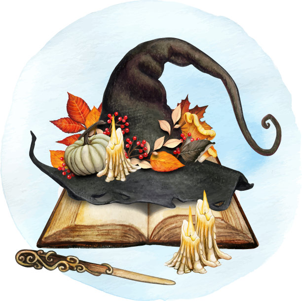 水彩装饰女巫帽子与秋天的叶子图片下载