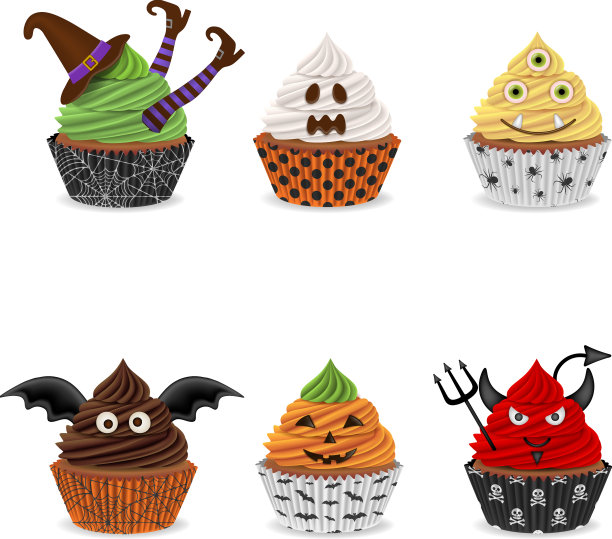一套孤立的万圣节纸杯蛋糕图片下载