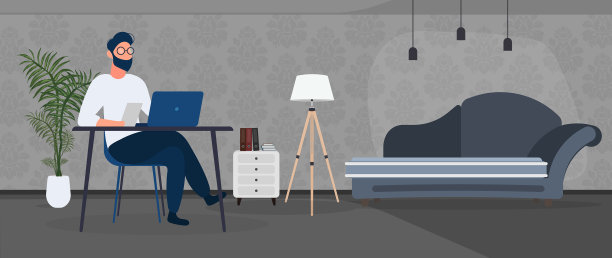 这家伙在时髦的办公室书房里用笔记本电脑工作图片下载