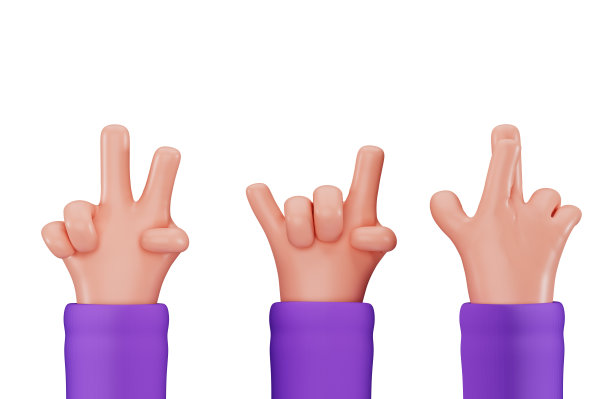 一组手势孤立在白色背景上，3D渲染。卡通手，各种手势:和平、胜利、交叉手指、山羊。收集3D卡通手势图片下载