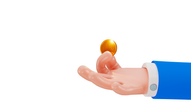 交一套西装，拿一枚硬币，3d。卡通商人手里拿着一美元硬币。商人的手孤立在白色背景，3d渲染。图片下载