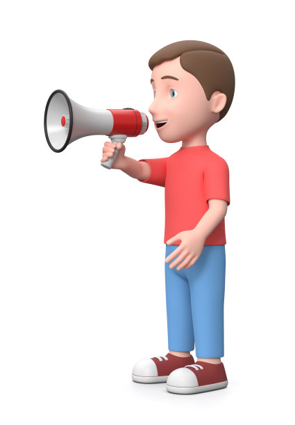 可爱的小孩拿着扩音器。3D卡通人物插图图片下载