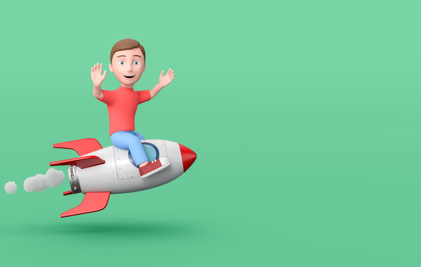 年轻的孩子3D卡通人物飞行坐在绿色的宇宙飞船与复制空间图片下载