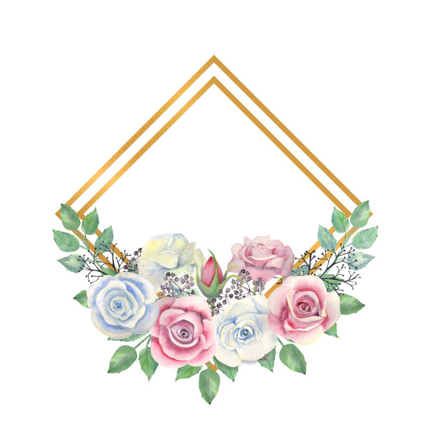 蓝色和粉红色的玫瑰花，绿色的叶子，浆果在一个金色的钻石形框架。水彩插图图片下载
