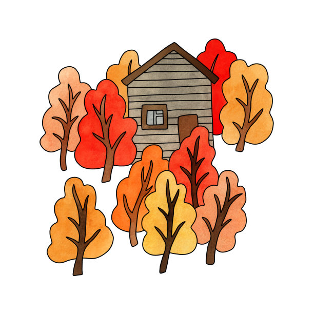 房子周围是秋天落叶的树木图片下载