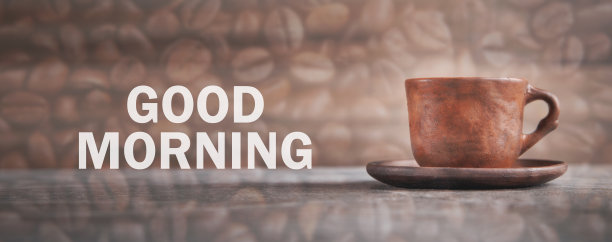 棕色咖啡杯，上面写着“早上好”。图片下载