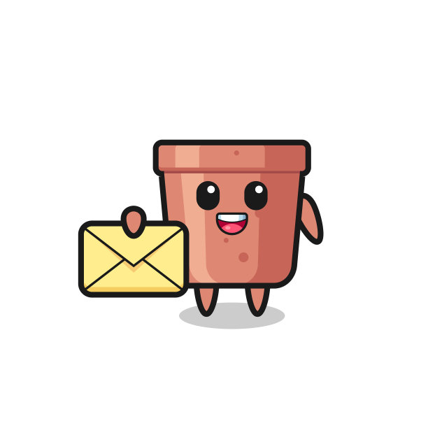 花盆的卡通，手里拿着黄色的信图片下载