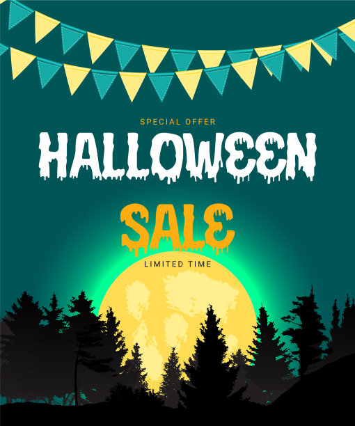 万圣节出售海报与旗帜和花环图片下载